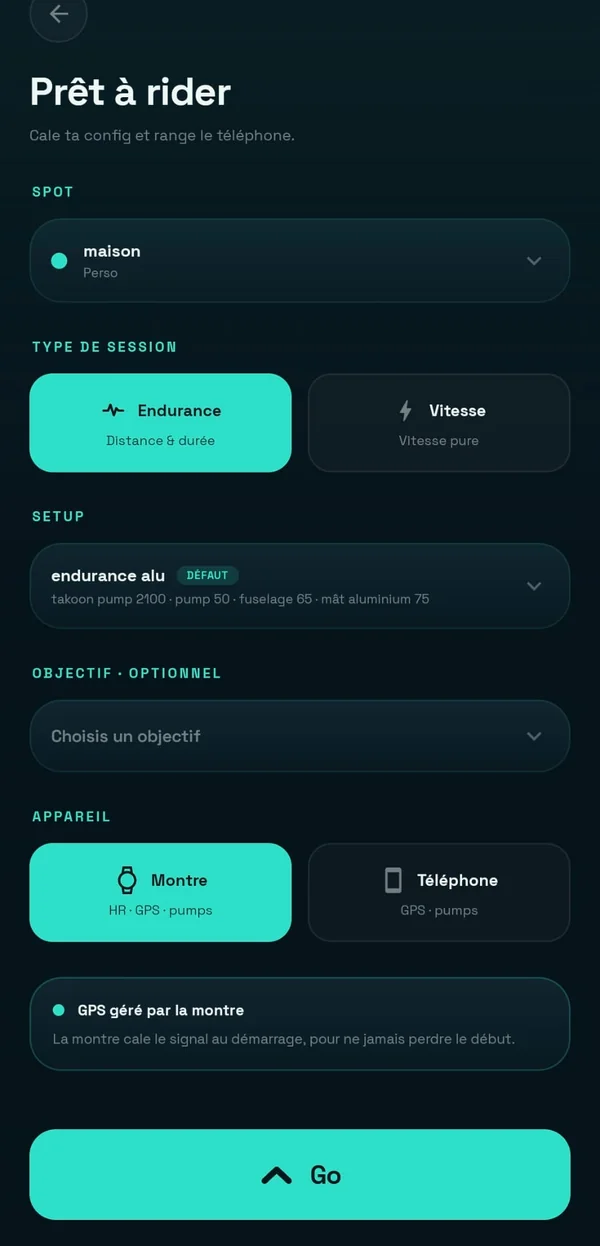 Écran de configuration de session Pumpee