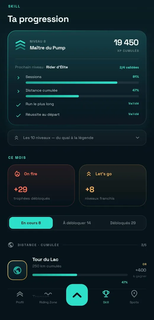 Écran progression Pumpee : niveaux et trophées